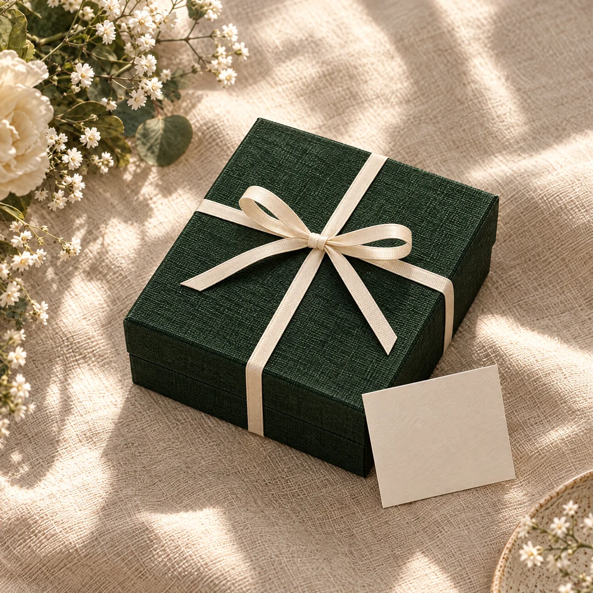 Dunkelgrüne Geschenkbox mit Schleife und Karte